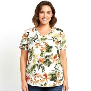 Chicos Womens 3 T-Shirt Tee XL V Neck Tropical Floral Print White Green Orange